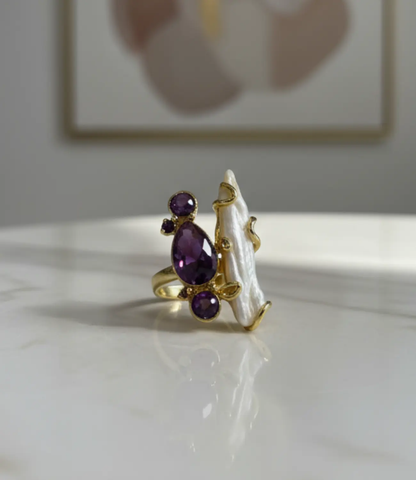 Open Ring with Pearl and Amethyst — 18K Gold Plated PHOEBE'S 