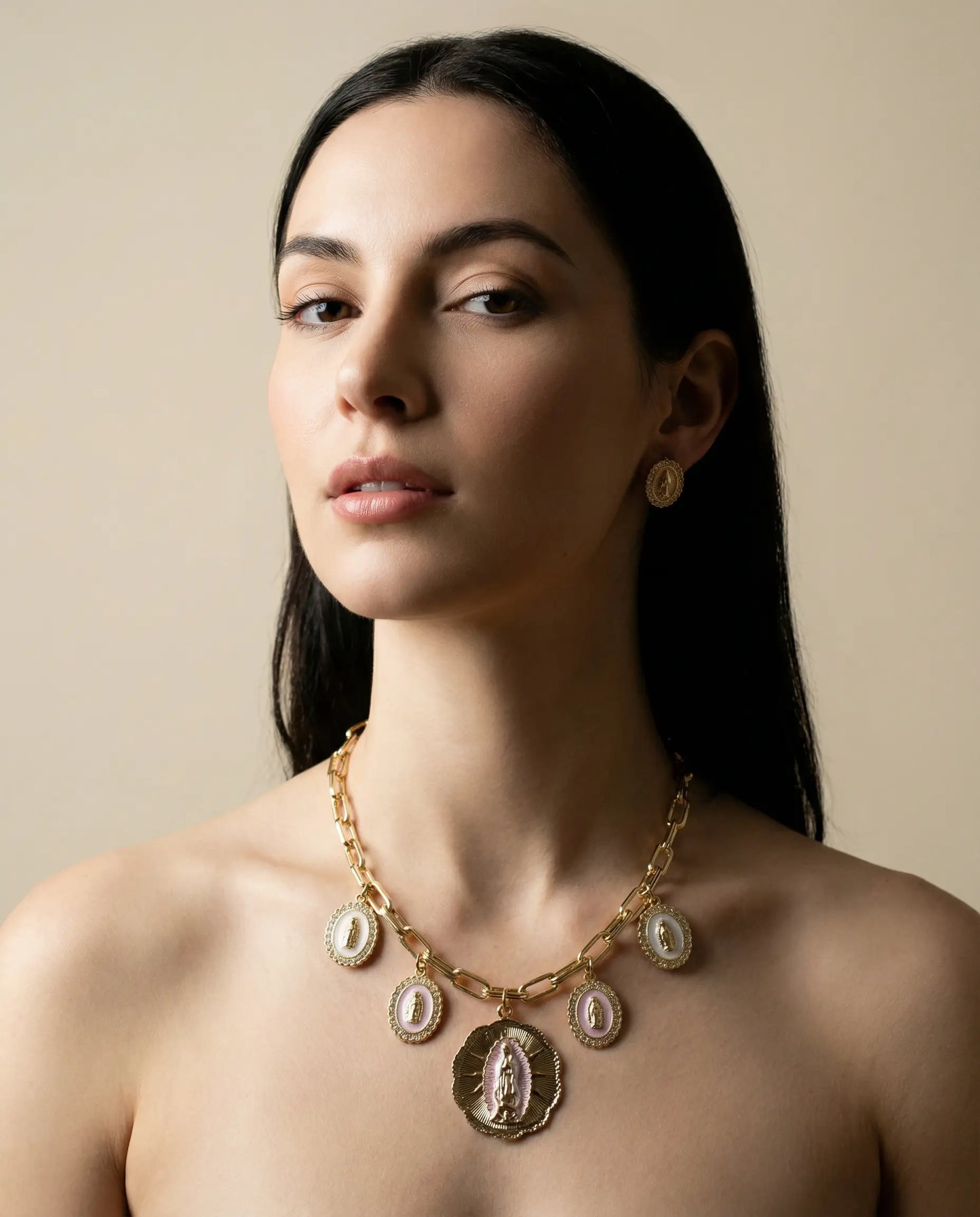 Our Lady of Guadalupe Necklace — 18K Gold Plated Alloy with Enamel and Cubic Zirconia PHOEBE'S 