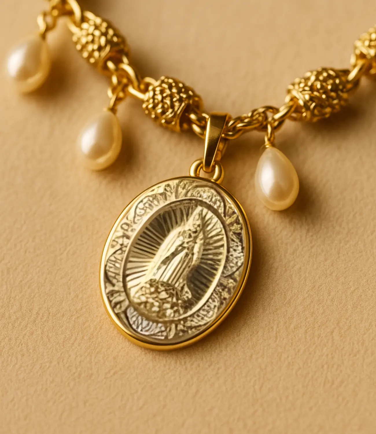 Our Lady of Guadalupe Necklace with Pearls and 18K Gold Plating PHOEBE'S 