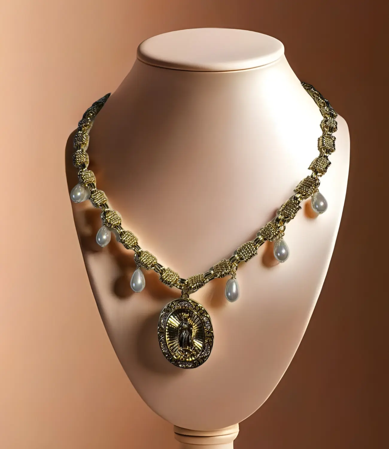 Our Lady of Guadalupe Necklace with Pearls and 18K Gold Plating PHOEBE'S 