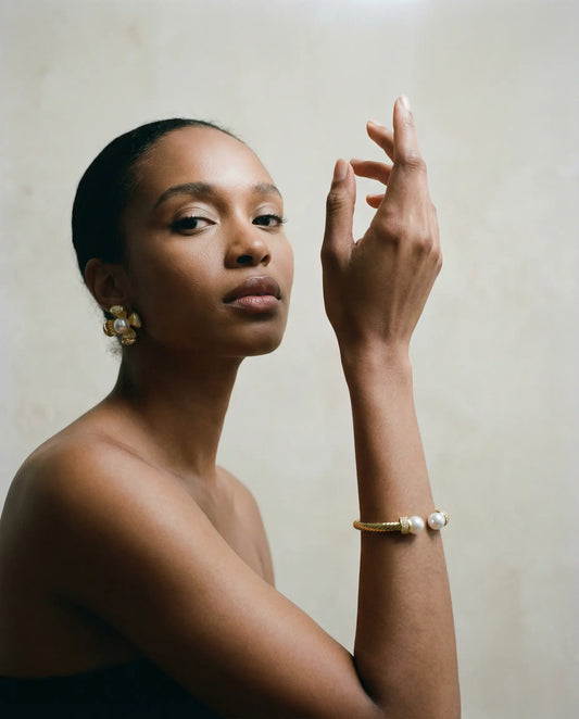 Pearl Flower Jewelry Set — Gold Hoop Earrings and Open Bracelet with Pearl Details Phoebe`s  