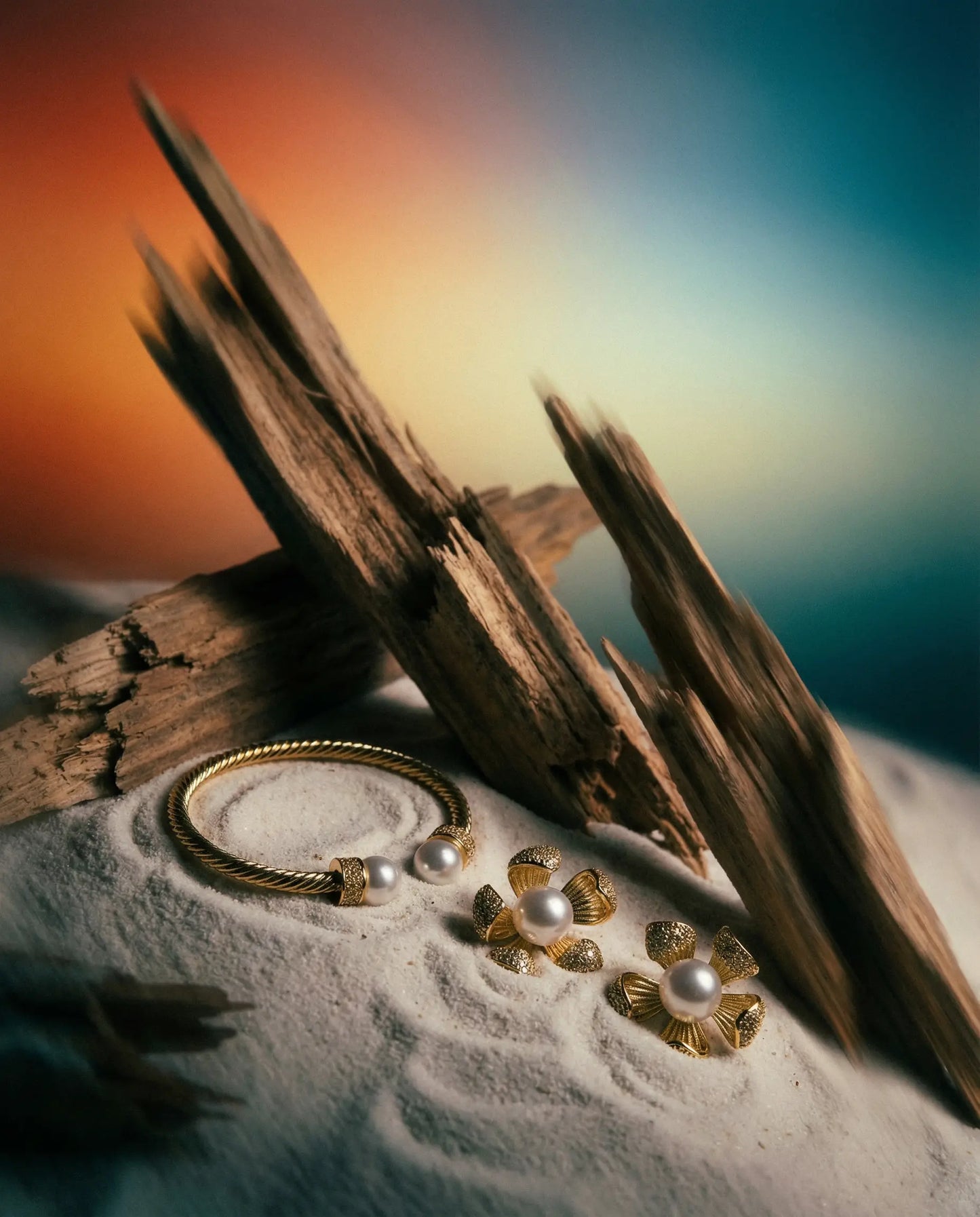 Pearl Flower Jewelry Set — Gold Hoop Earrings and Open Bracelet with Pearl Details Phoebe`s  