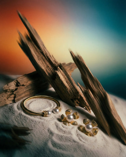 Pearl Flower Jewelry Set — Gold Hoop Earrings and Open Bracelet with Pearl Details Phoebe`s  