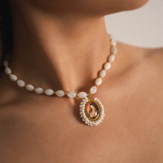 Pearl Necklace with Pendant of the Virgin of Guadalupe PHOEBE'S 