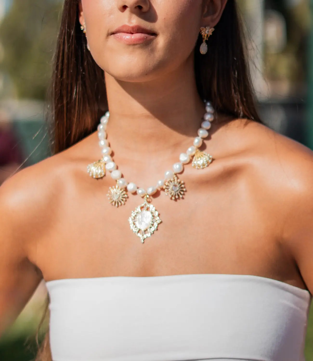 Pearl Necklace with a Virgin Mary Medal and Mother-of-Pearl Charms PHOEBE'S 