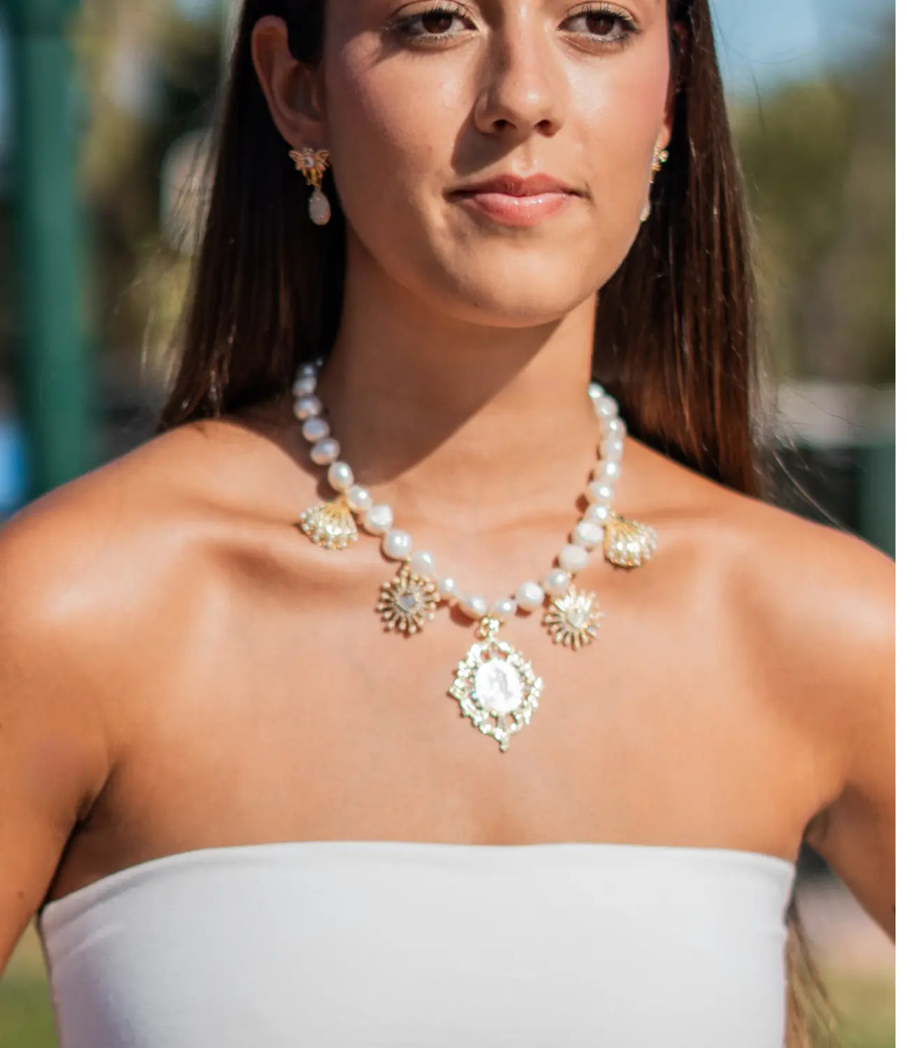 Pearl Necklace with a Virgin Mary Medal and Mother-of-Pearl Charms PHOEBE'S 