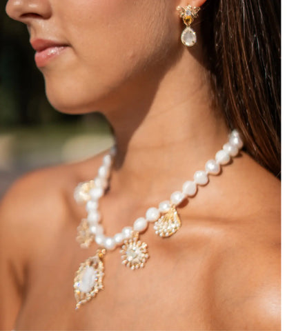 Pearl Necklace with a Virgin Mary Medal and Mother-of-Pearl Charms PHOEBE'S 