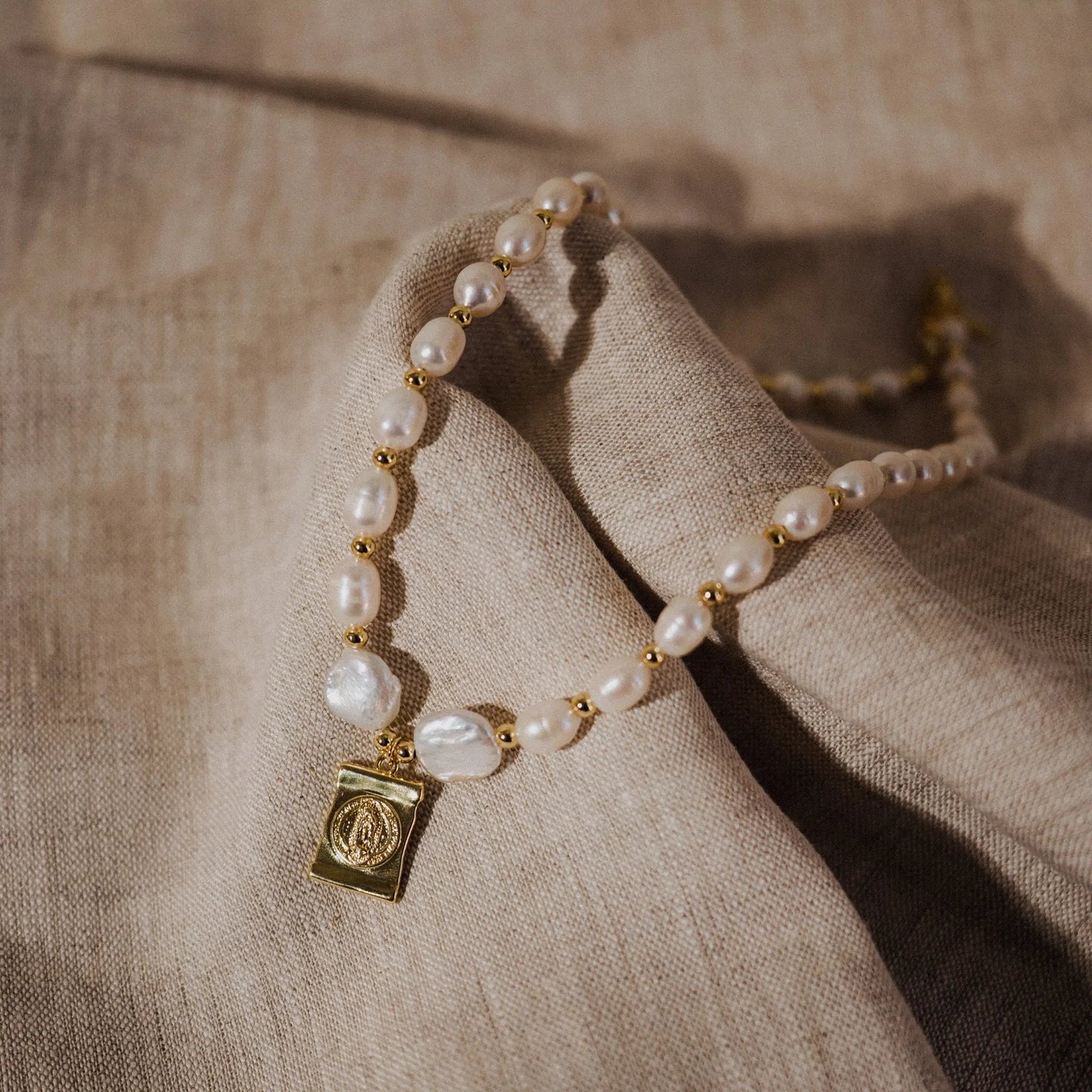 Pearl Necklace, Virgin Mary Charm, Best Gift for Her