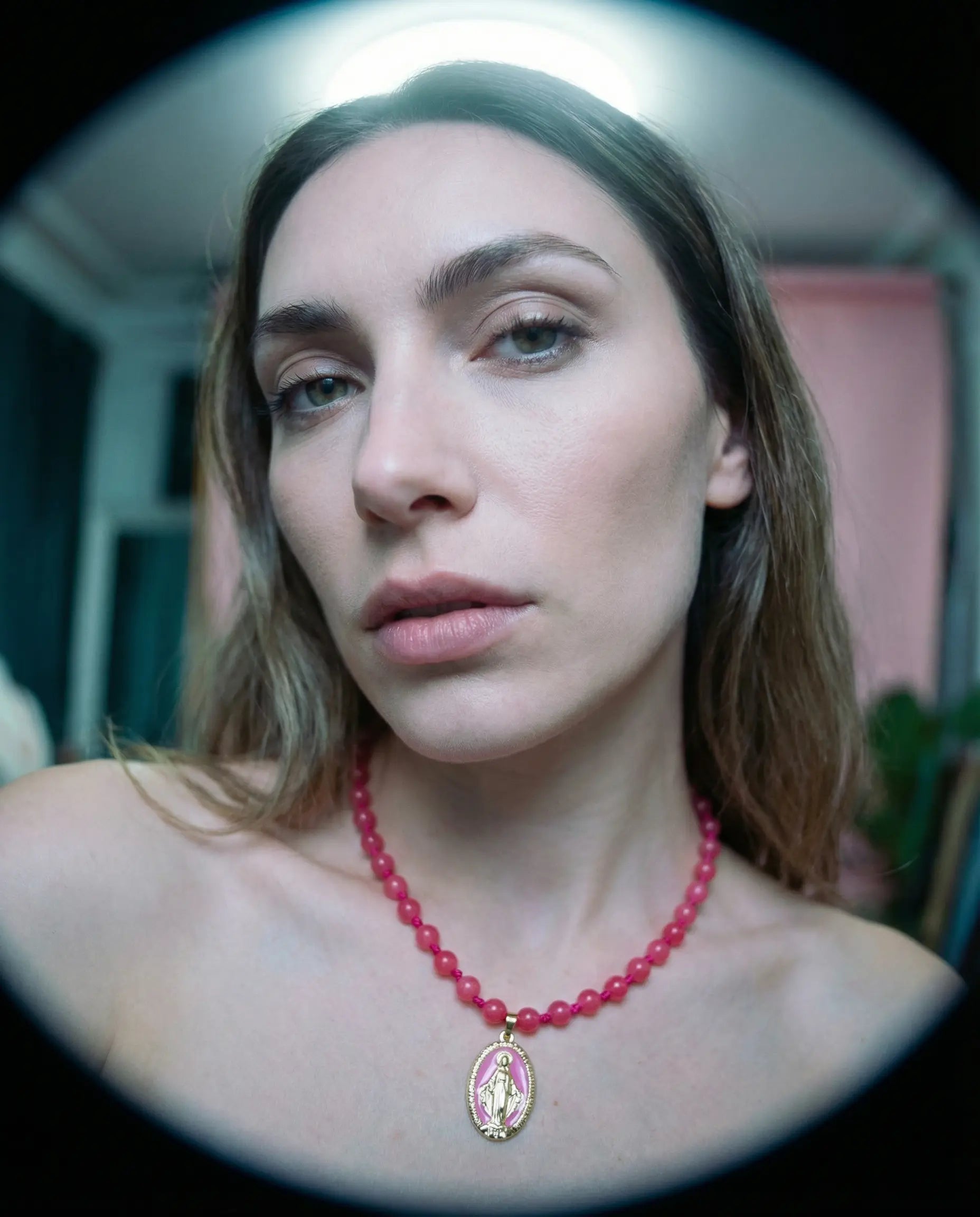 Pink Agate Catholic Choker with Miraculous Medal PHOEBE'S 