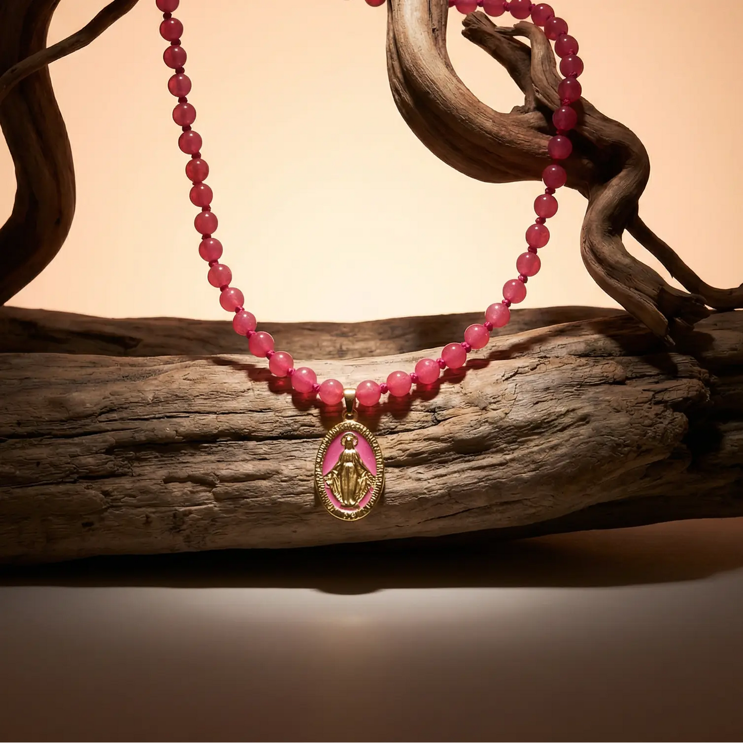 Pink Agate Catholic Choker with Miraculous Medal PHOEBE'S 