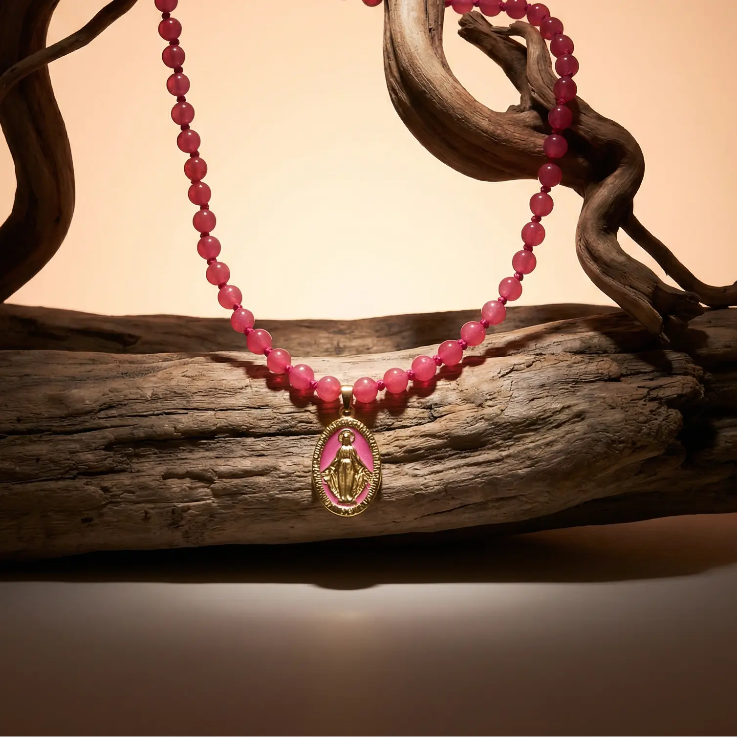 Pink Agate Catholic Choker with Miraculous Medal PHOEBE'S 