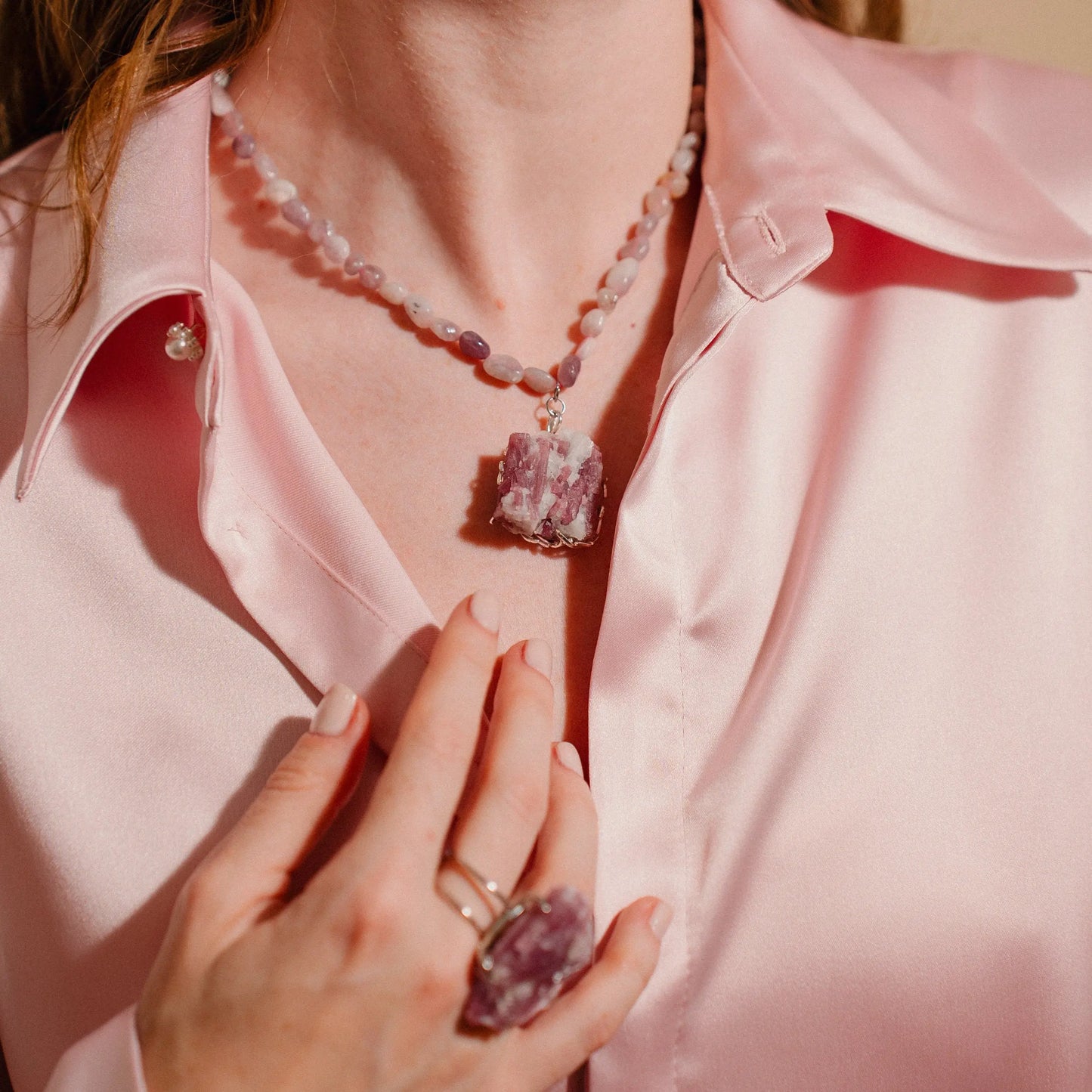 Pink Beads Necklace, Rhodonite Jewelry, Stone Gift