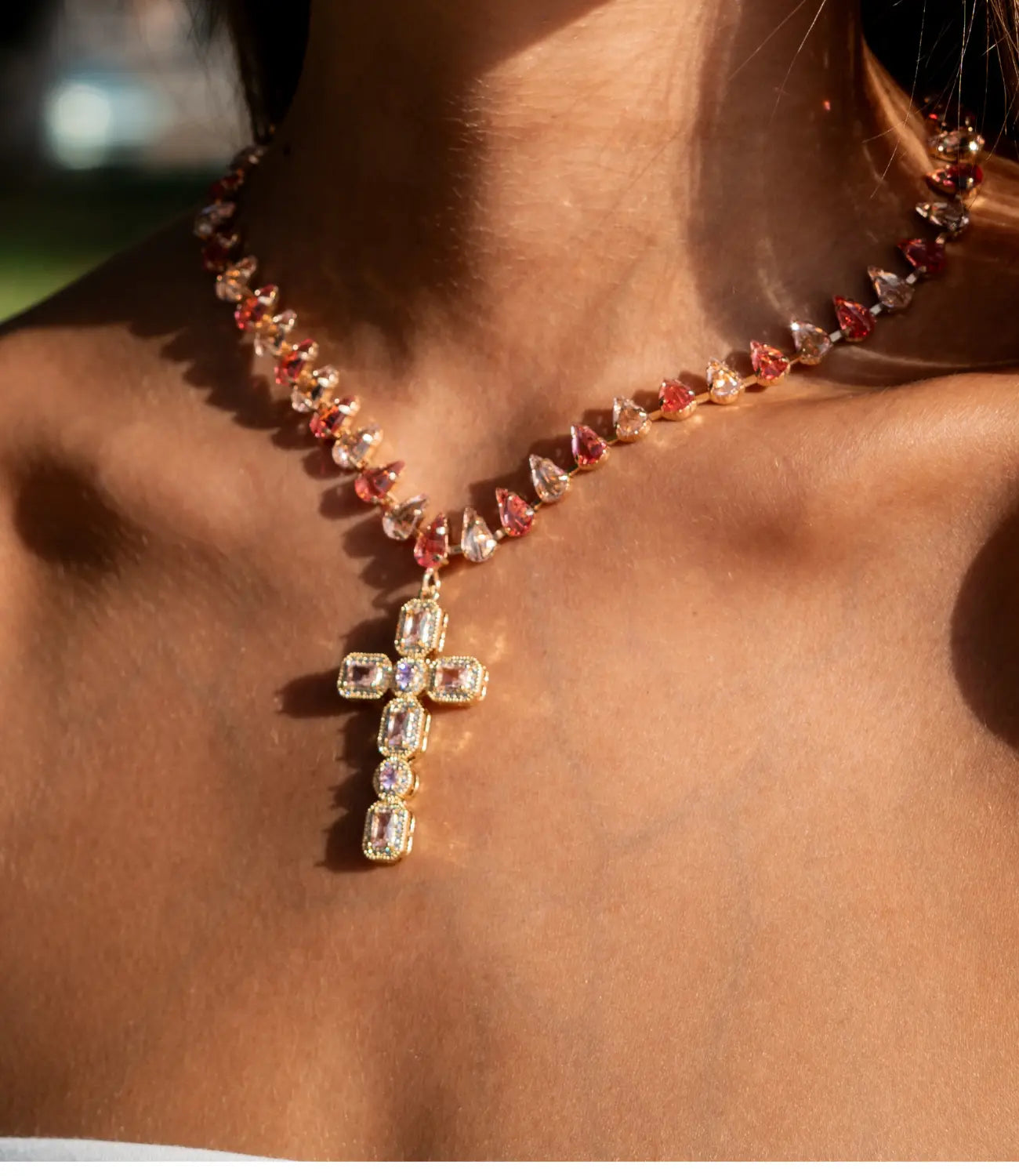 Pink Crystal Necklace with a Golden Cross – Elegance and Spirituality PHOEBE'S 