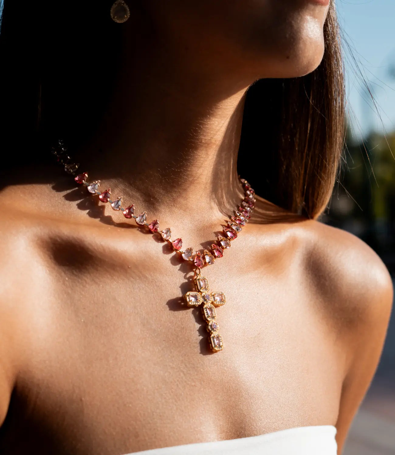 Pink Crystal Necklace with a Golden Cross – Elegance and Spirituality PHOEBE'S 