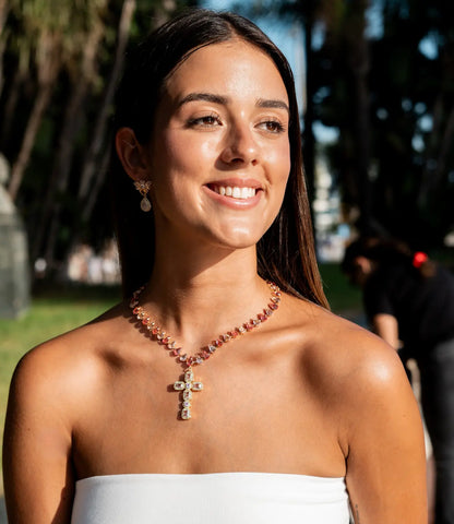 Pink Crystal Necklace with a Golden Cross – Elegance and Spirituality PHOEBE'S 