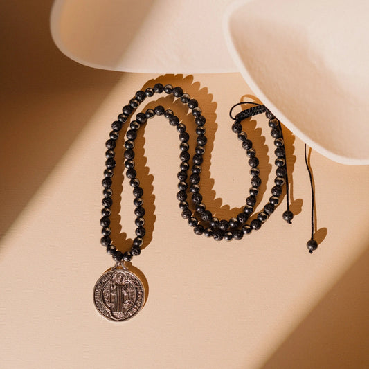 Protection Necklace, Black Natural Stones Chain, Catholic Charm, Meaningful Gifts