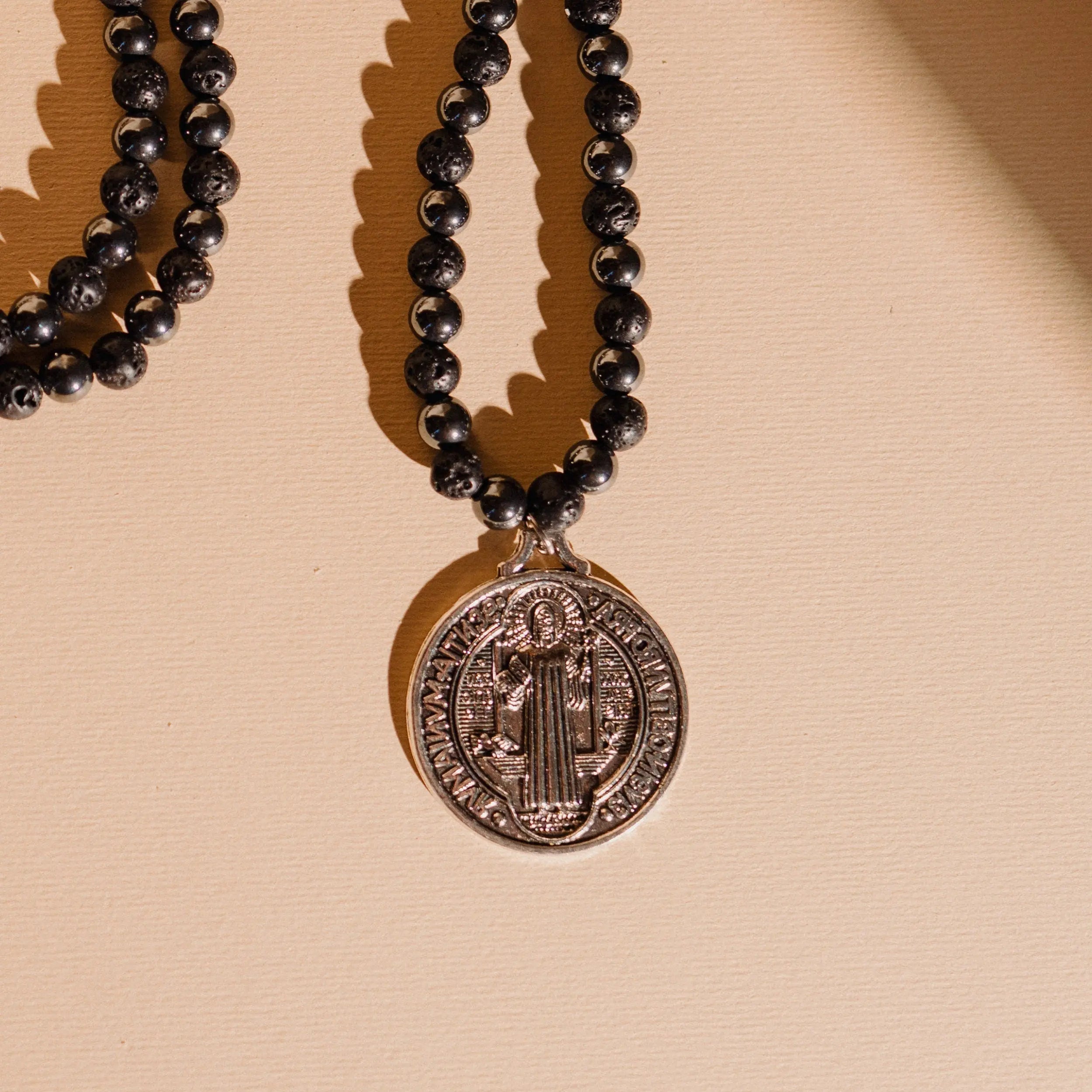 Protection Necklace, Black Natural Stones Chain, Catholic Charm, Meaningful Gifts