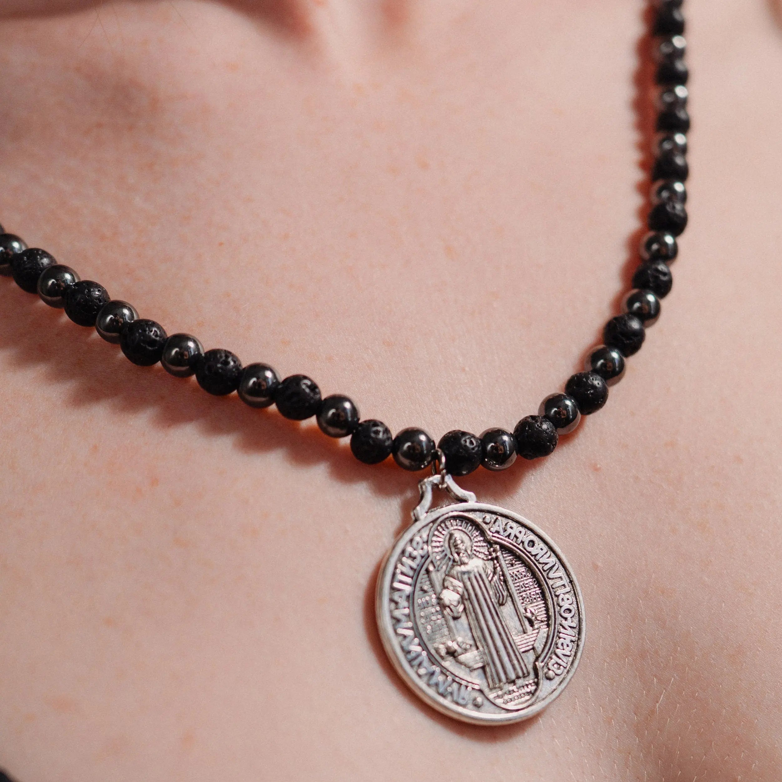 Protection Necklace, Black Natural Stones Chain, Catholic Charm, Meaningful Gifts