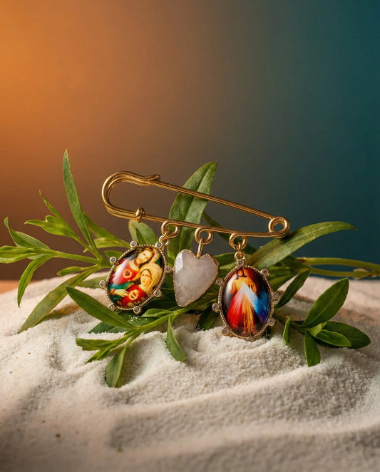 Protective Brooch with Moonstone Heart and Catholic Medals PHOEBE'S 