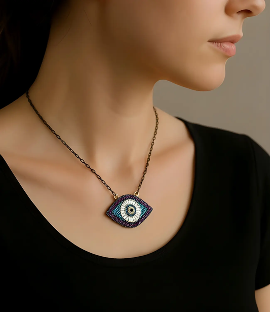 Protective Eye Necklace with Minimalist Black Chain – Available in Mystic Blue and Emerald Green PHOEBE'S 