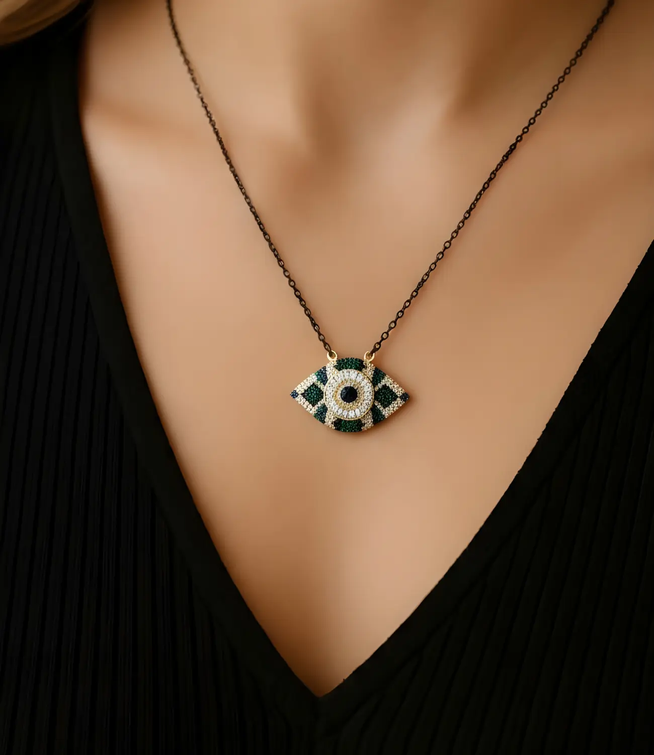 Protective Eye Necklace with Minimalist Black Chain – Available in Mystic Blue and Emerald Green PHOEBE'S 