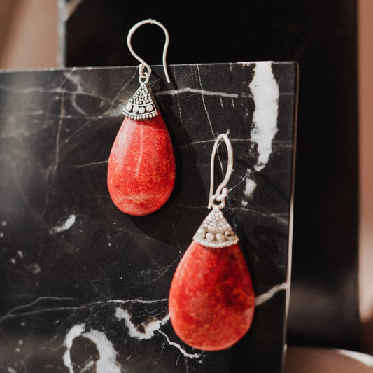 Red Coral Earrings, 925 Silver Earrings, Boho Earrings, Handmade Earrings, Summer Jewelry