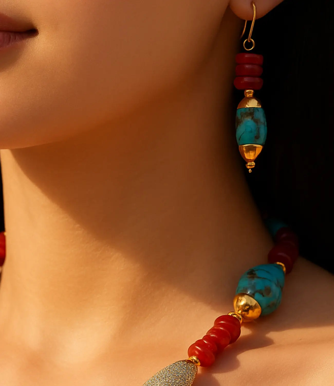 Red Coral and Turquoise Set with Gold Details PHOEBE'S 