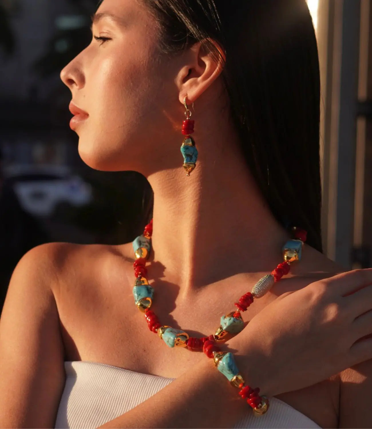 Red Coral and Turquoise Set with Gold Details PHOEBE'S 