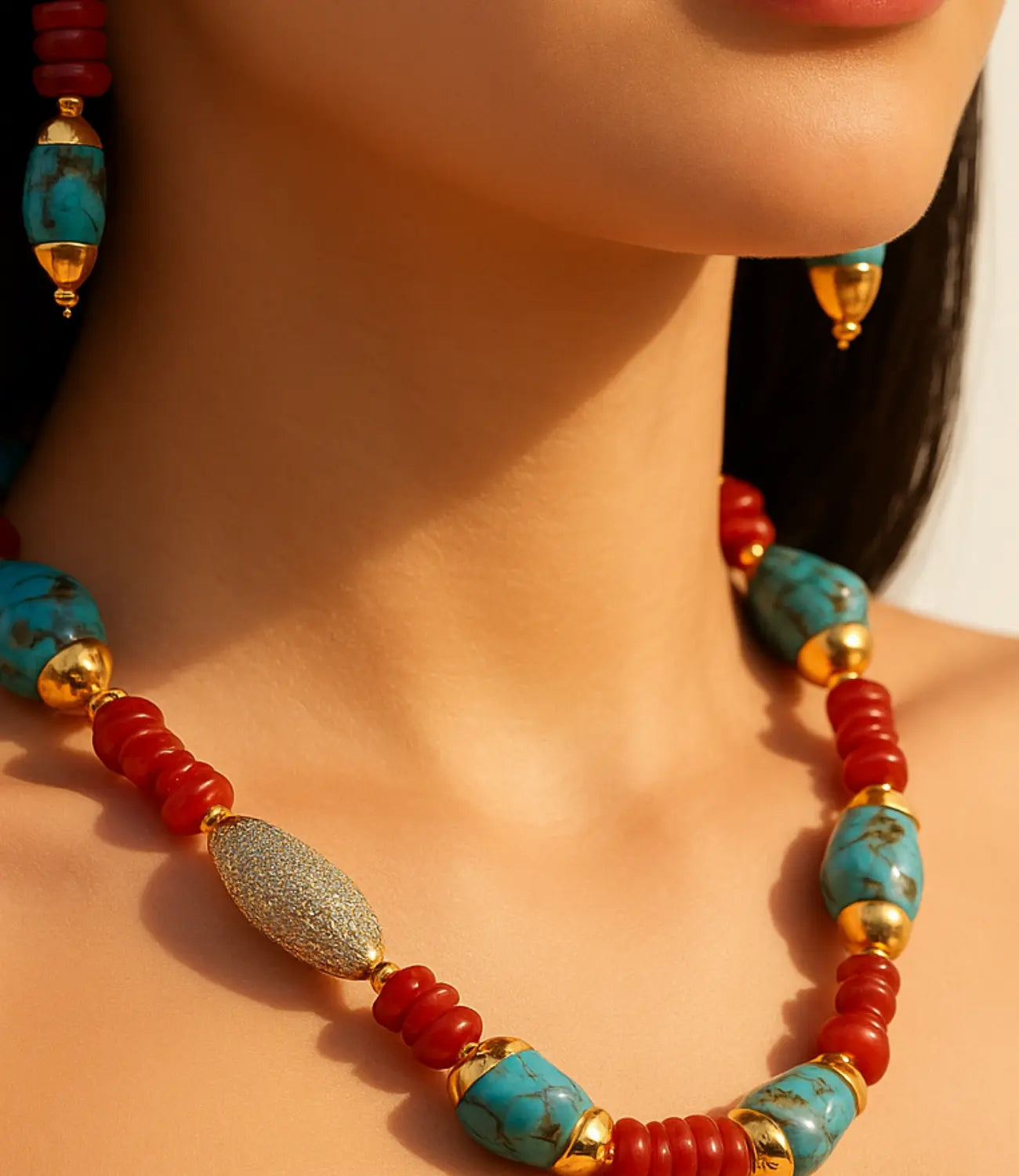 Red Coral and Turquoise Set with Gold Details PHOEBE'S 