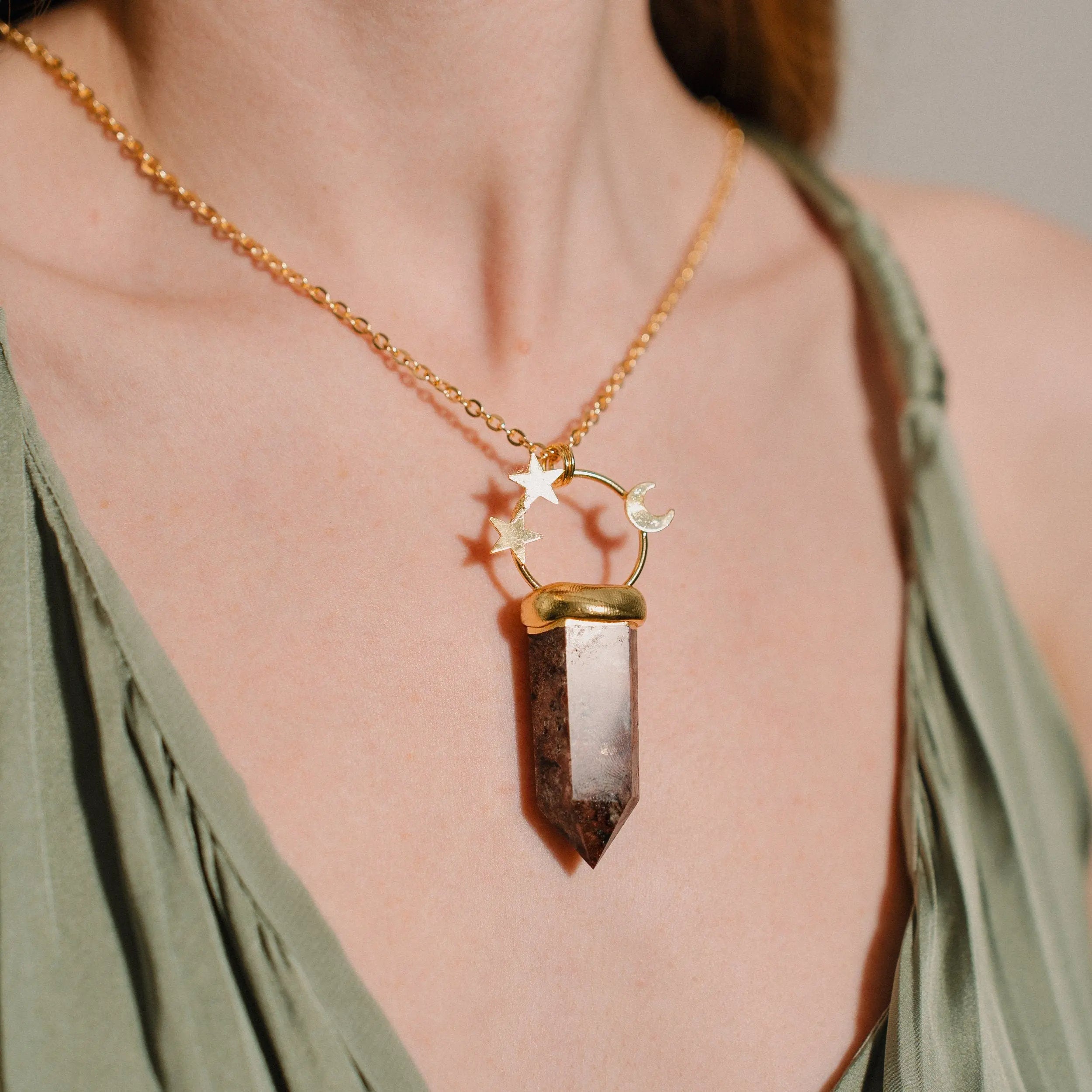 Rhodonite Necklace, Crystal Pendant, Handmade Jewelry