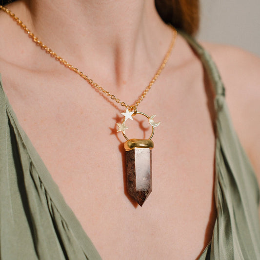 Rhodonite Necklace, Crystal Pendant, Handmade Jewelry