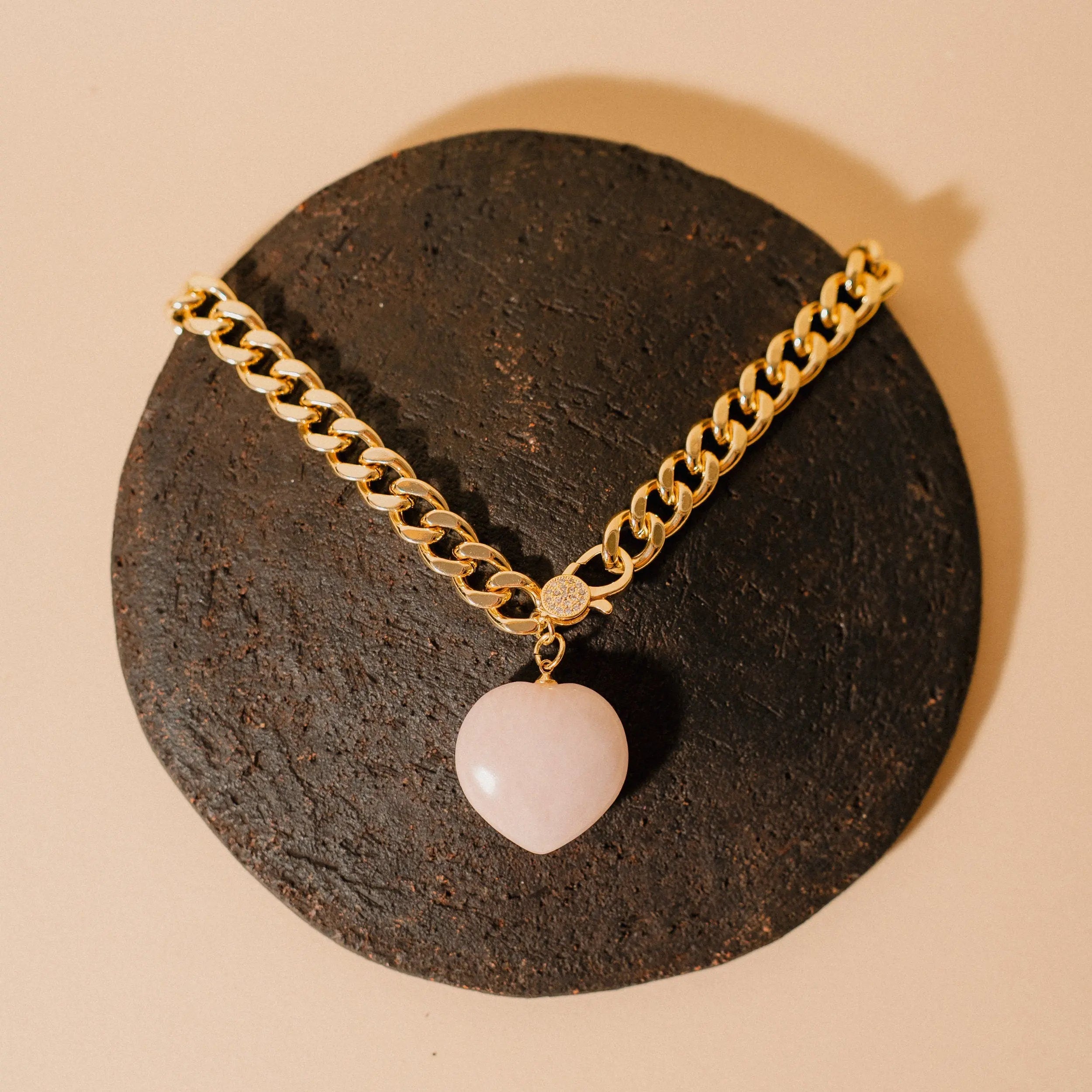 Rose Quartz Heart Necklace, Gold Necklace, Crystal Gift