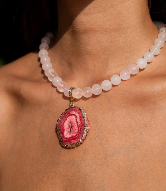 Rose Quartz Necklace with Natural Agate Pendant PHOEBE'S 