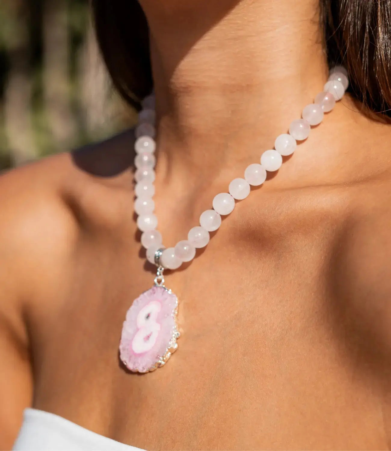 White Quartz Necklace with Sunflower Agate Pendant PHOEBE'S 