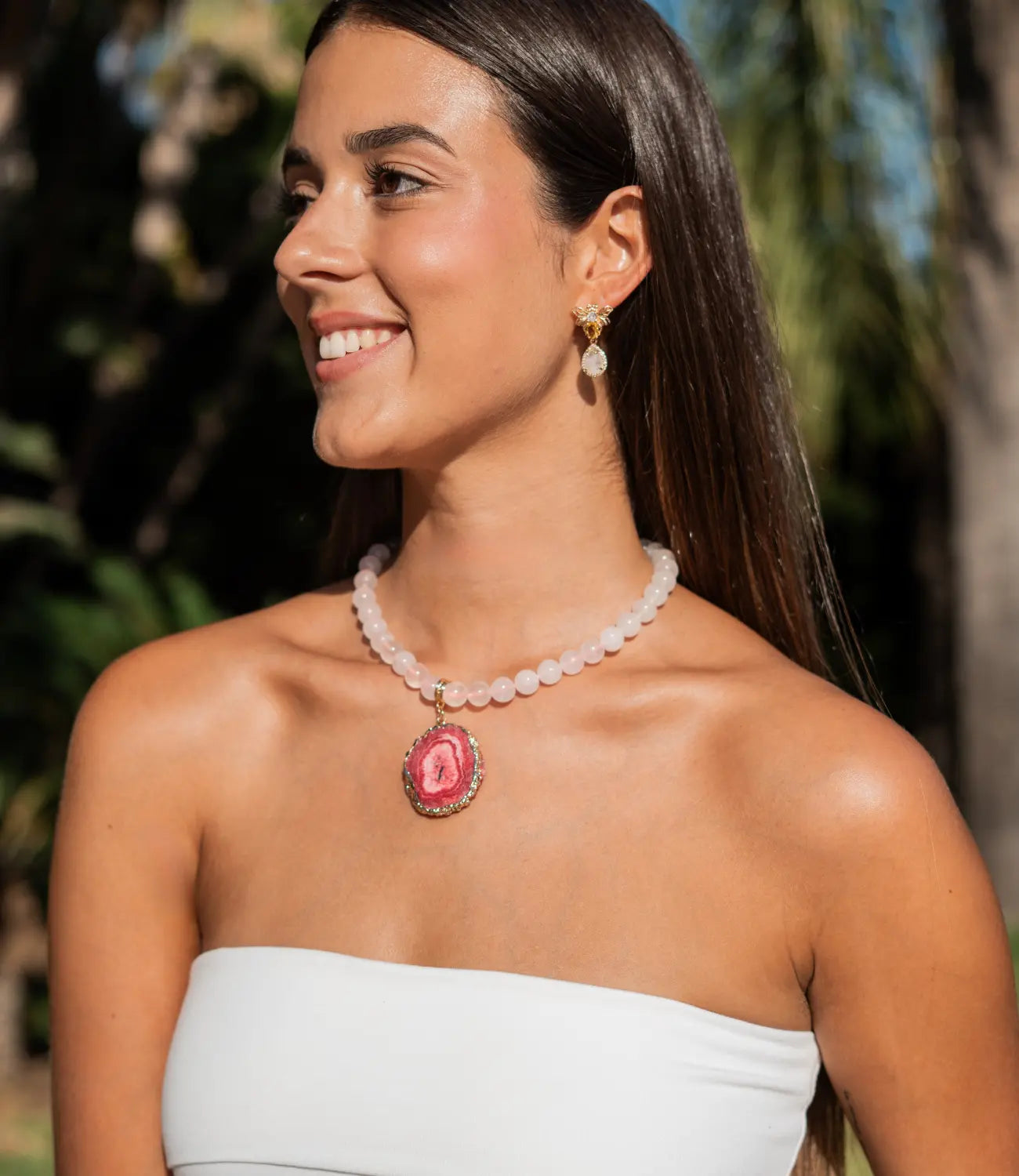 Rose Quartz Necklace with Natural Agate Pendant PHOEBE'S 