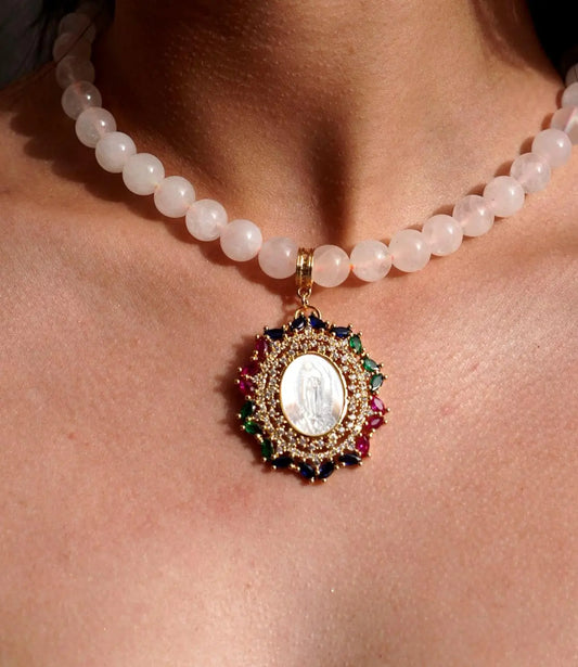 Rose Quartz Necklace with a Religious Medal Set in Multicolor Zirconia PHOEBE'S 