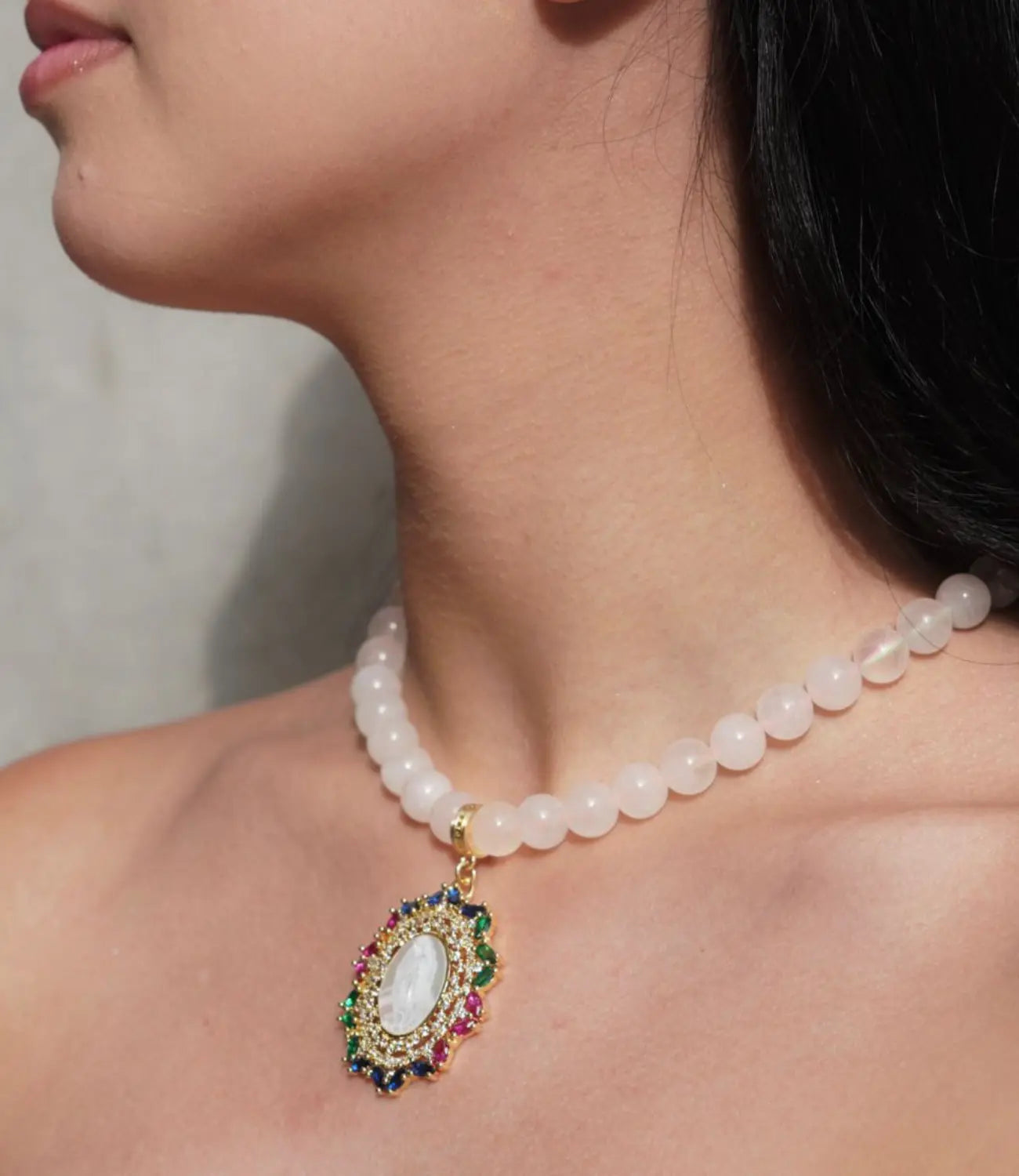 Rose Quartz Necklace with a Religious Medal Set in Multicolor Zirconia PHOEBE'S 