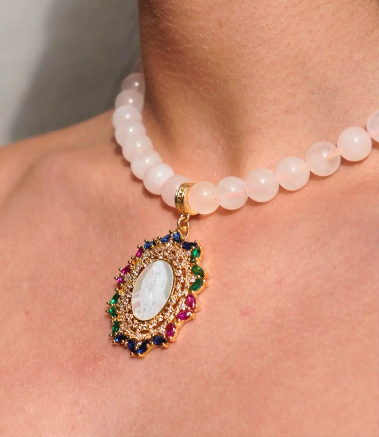 Rose Quartz Necklace with a Religious Medal Set in Multicolor Zirconia PHOEBE'S 