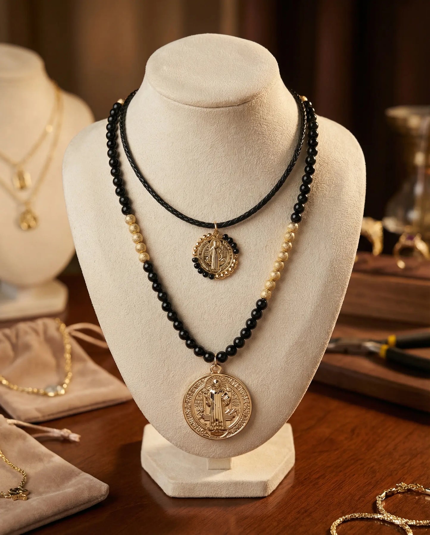 Saint Benedict Protection Set · Black Leather and Wooden Beads PHOEBE'S 