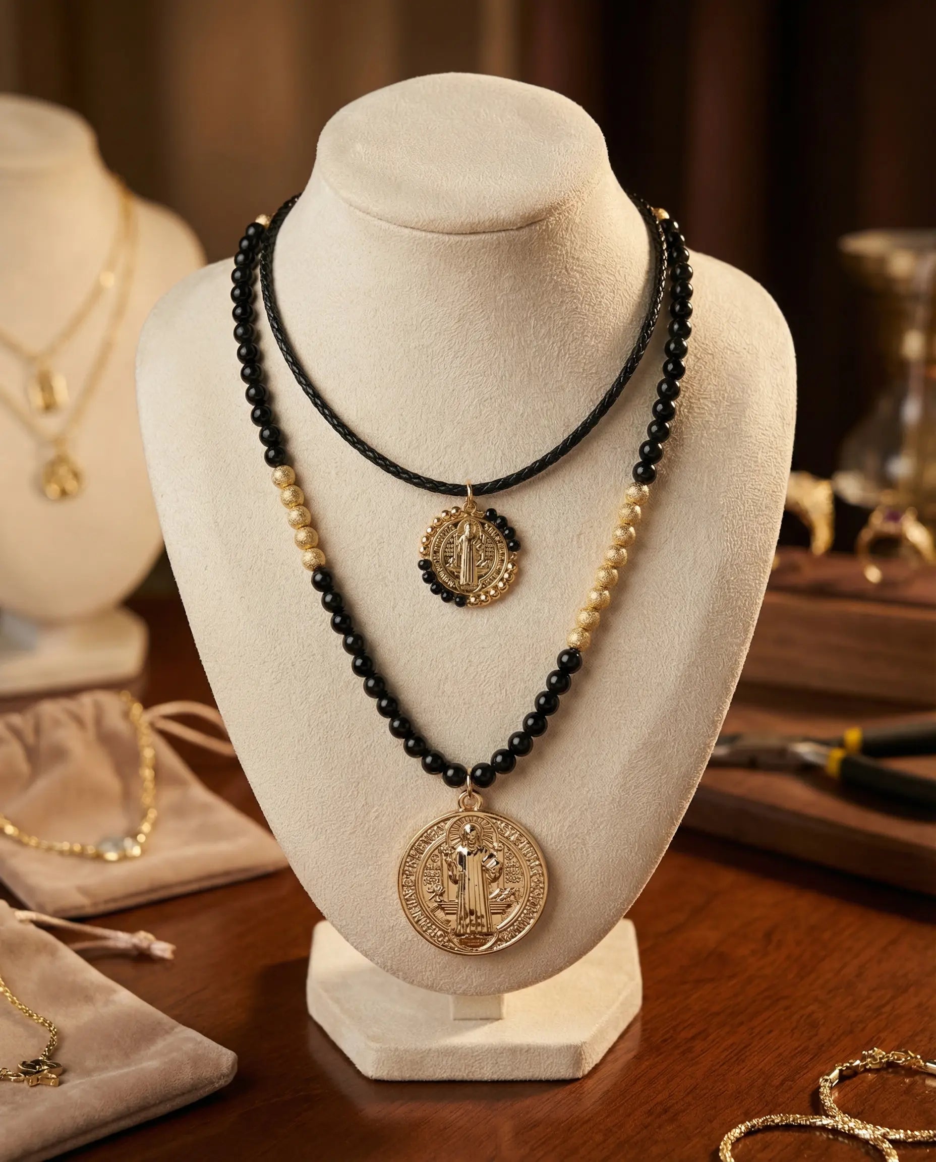 Saint Benedict Protection Set · Black Leather and Wooden Beads PHOEBE'S 