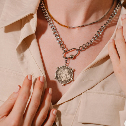 Silver Layering Necklace, Antique Statement Necklace, Coin