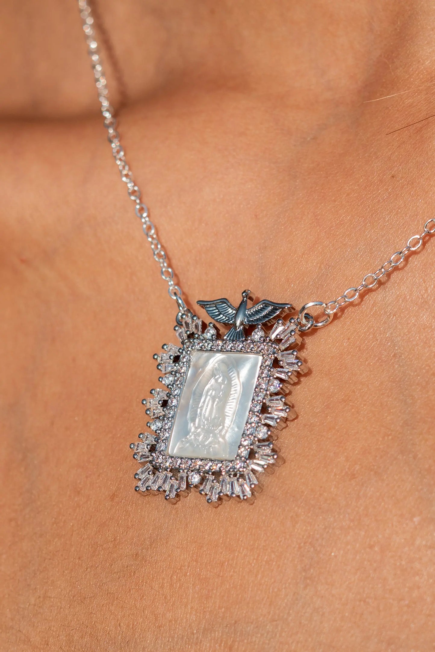 Silver-Plated Carved Mother-of-Pearl Virgin Mary Necklace – Amulet of Light and Protection PHOEBE'S 