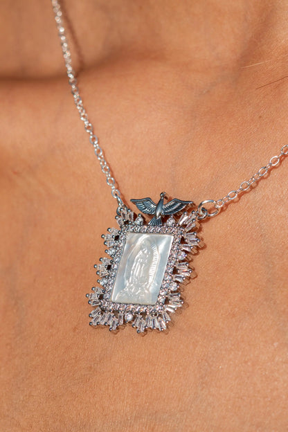 Silver-Plated Carved Mother-of-Pearl Virgin Mary Necklace – Amulet of Light and Protection PHOEBE'S 