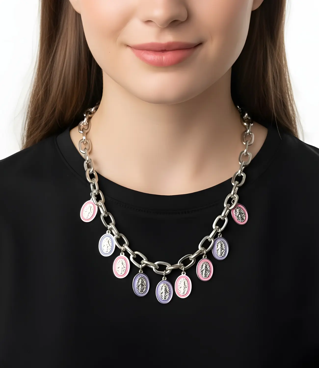 Silver-Plated Chain Necklace with Multicolor Virgin Medals PHOEBE'S 