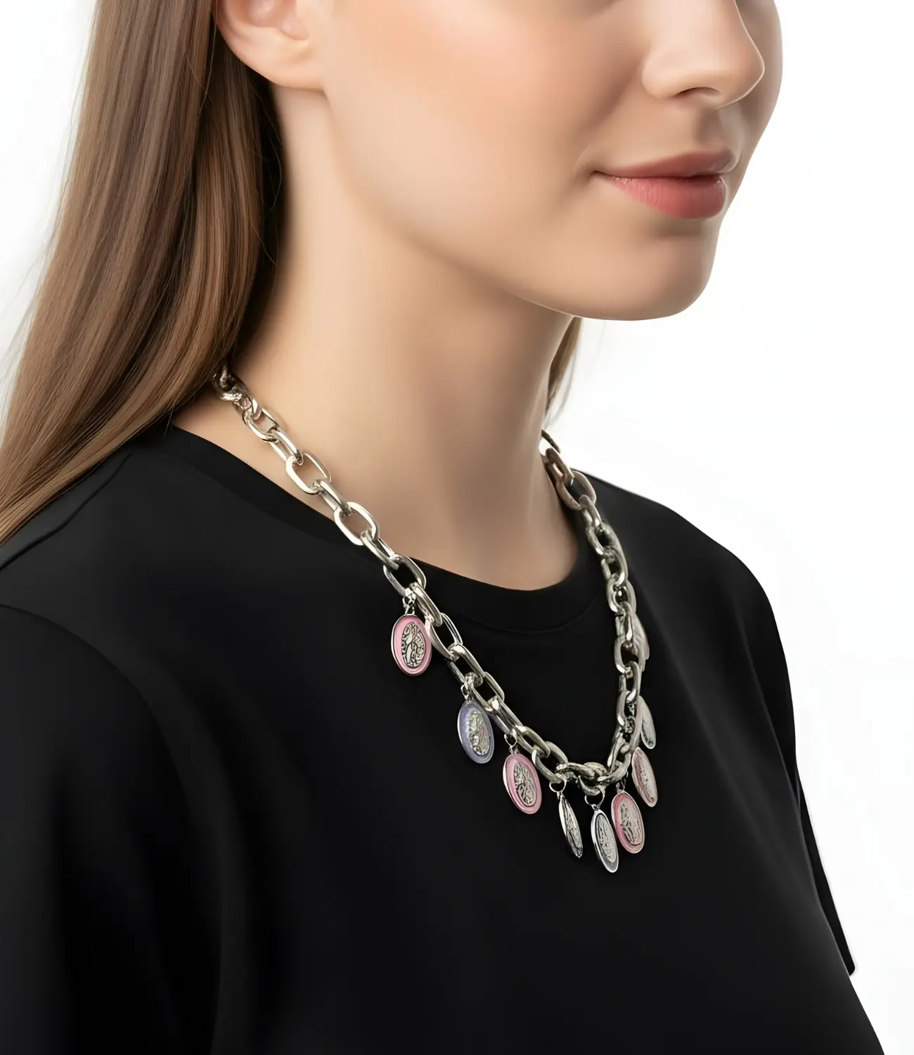 Silver-Plated Chain Necklace with Multicolor Virgin Medals PHOEBE'S 