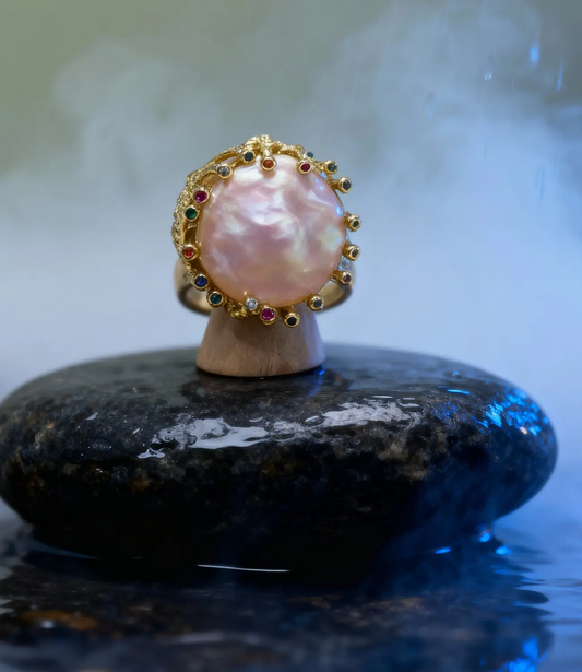 Solar Ring with Pink Pearl and Gemstones — 18K Gold Plated PHOEBE'S 