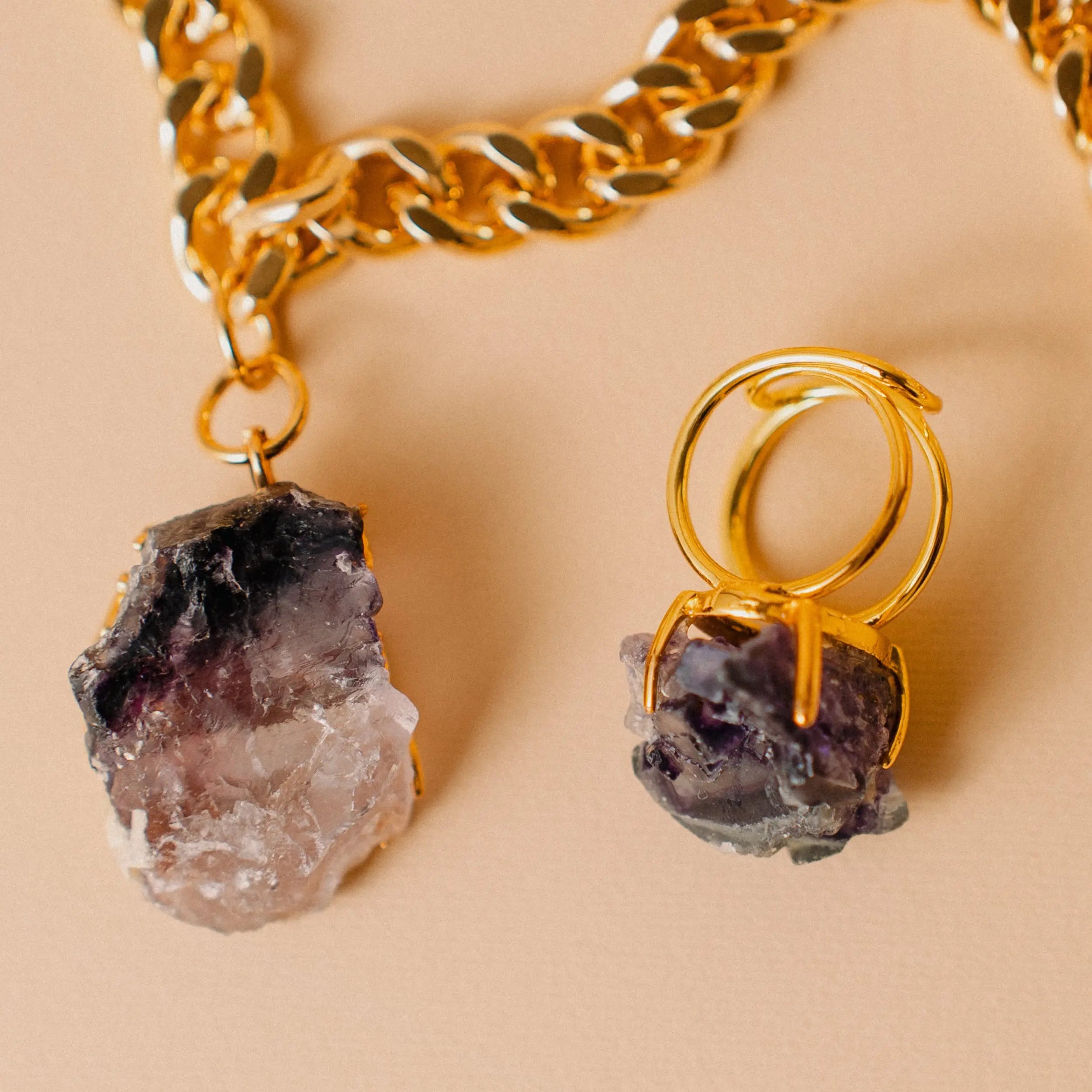 Statement Amethyst Necklace, Raw Amethyst Ring, Jewelry Set