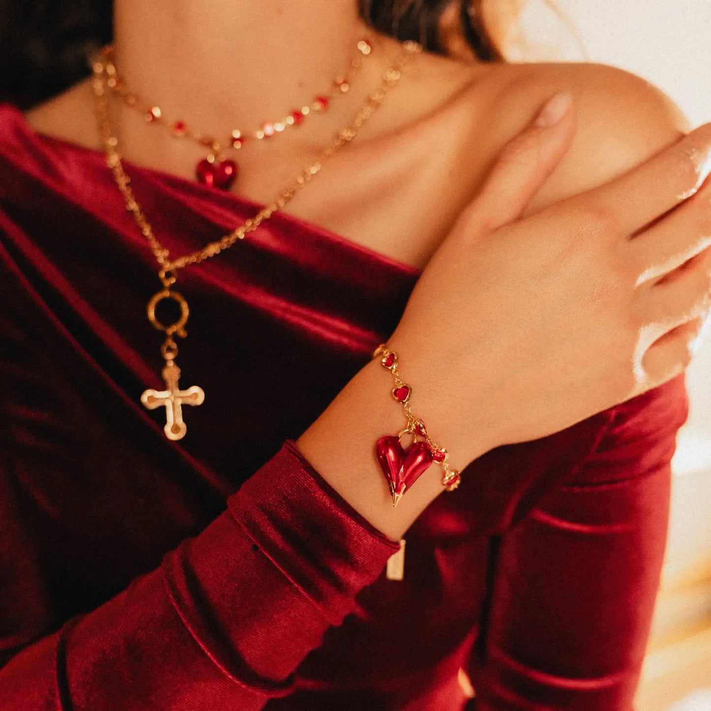 Set of two Necklaces and Bracelet |  Red Hearts and Cross