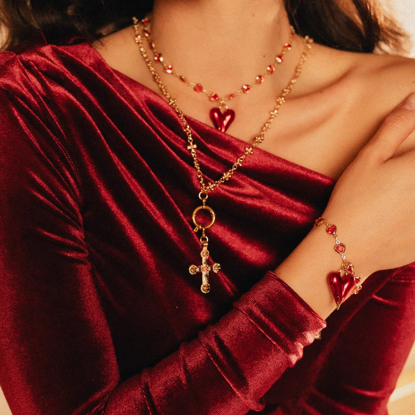 Set of two Necklaces and Bracelet |  Red Hearts and Cross