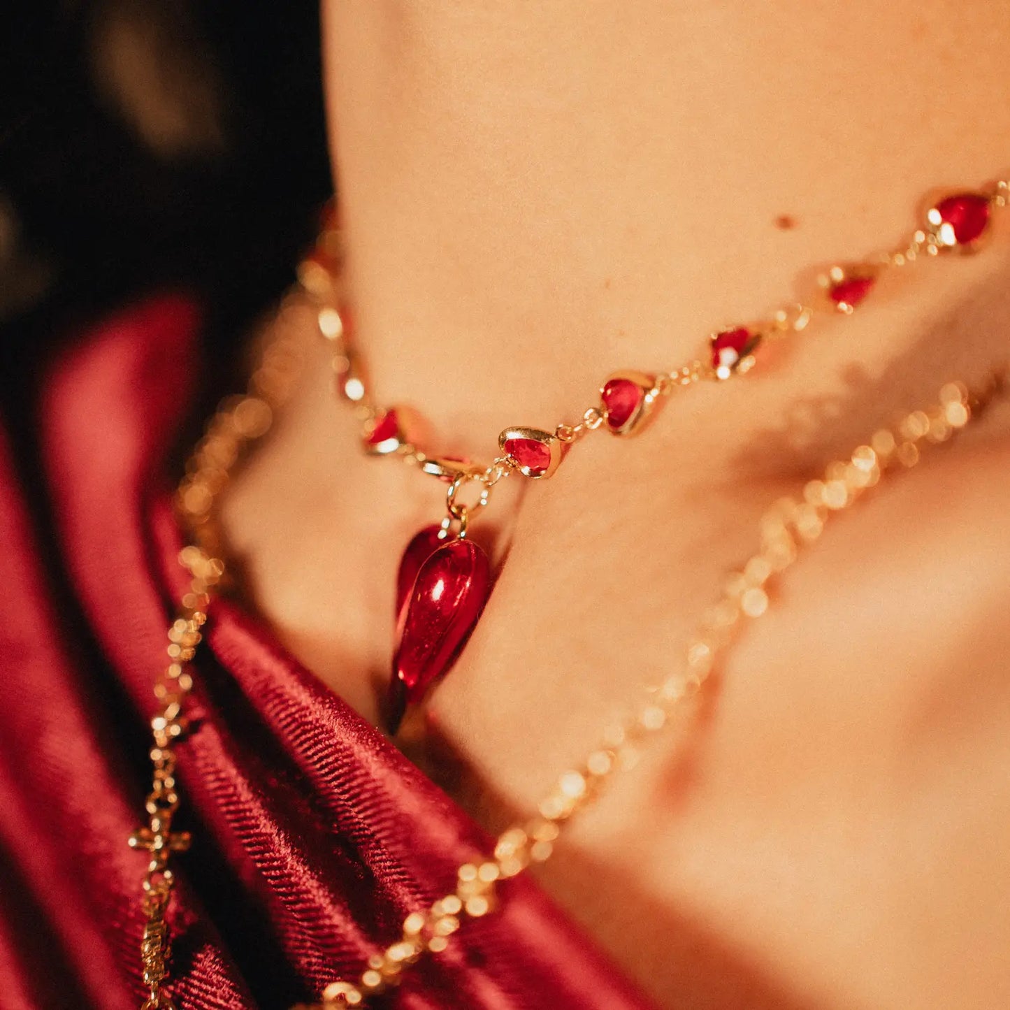 Set of two Necklaces and Bracelet |  Red Hearts and Cross